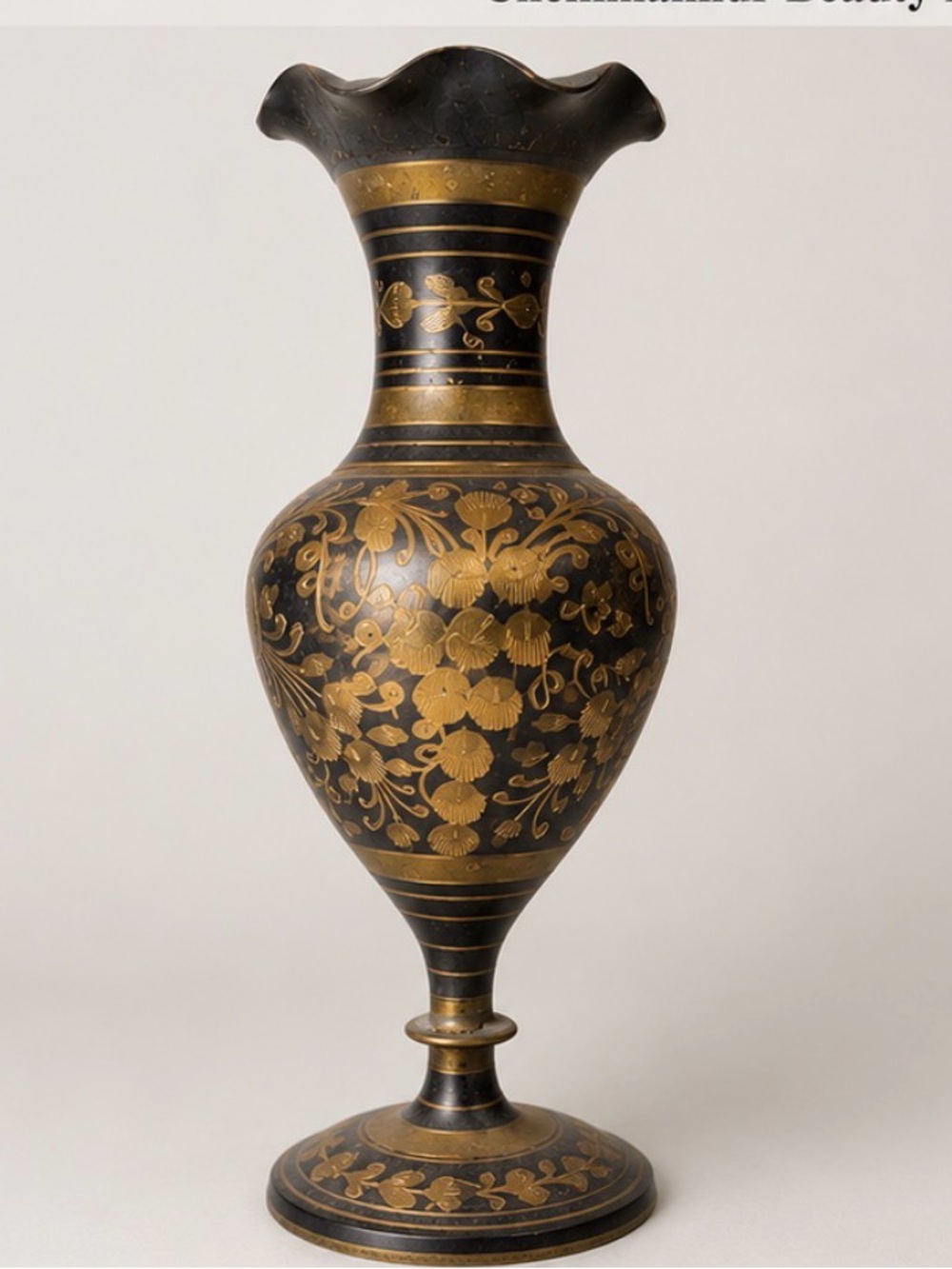 Vintage Indian Etched Brass Ornate Black & Gold Bud Urn Vase